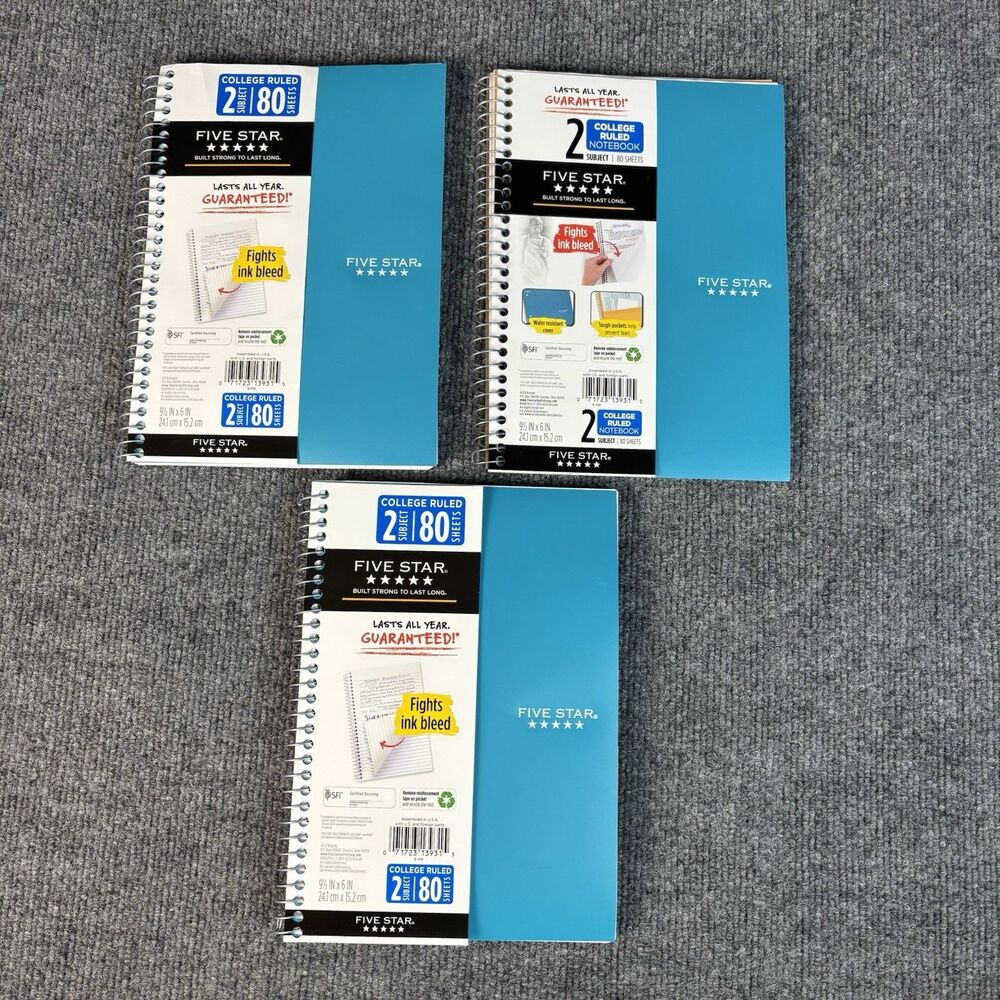 3 Pack Five Star 2-Subject Notebooks 80 Sheets College Ruled Blue 6" x 9.5"